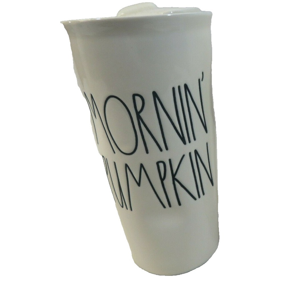 Rae Dunn Mornin Pumpkin Ceramic Coffee Tumbler Travel Ivory Mug Lid